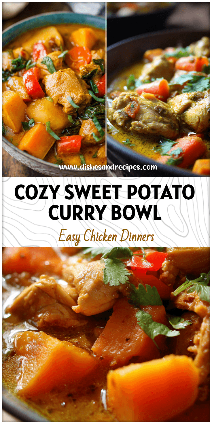 A bowl of Sweet Potato Chicken Curry with tender chicken thighs, sweet potatoes, and veggies in a rich golden sauce.
